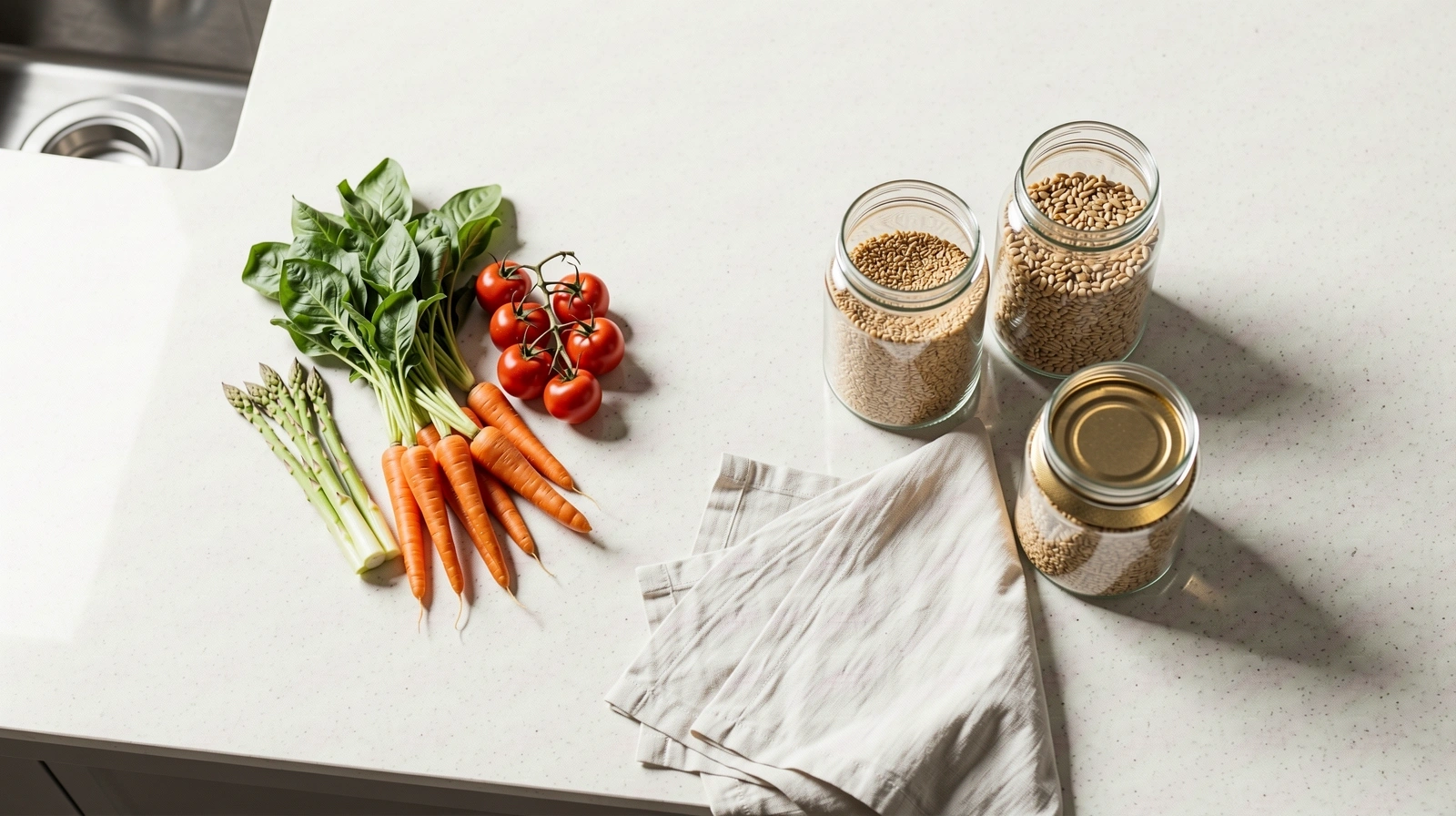 Frische Zutaten auf einer minimalistischen Küchenarbeitsplatte